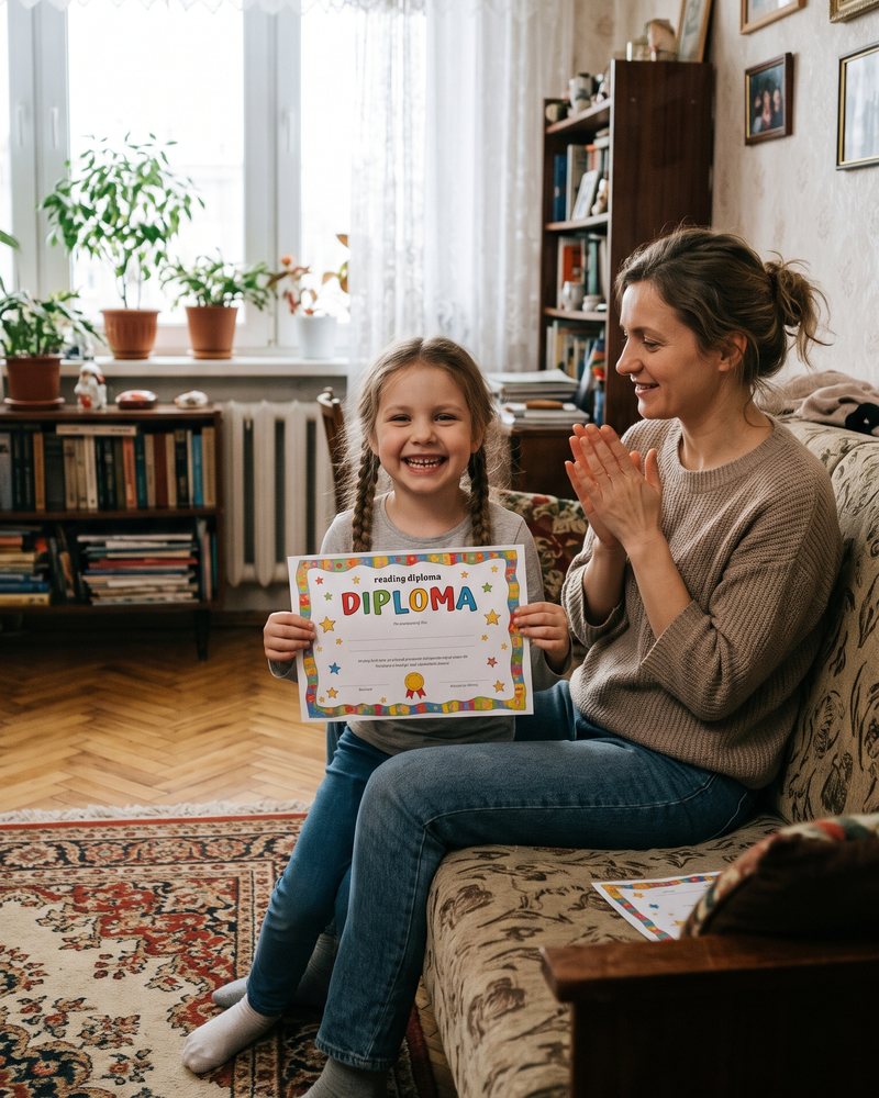 Fetiță care își arată diploma de cititor