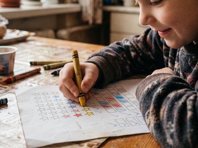 Copilul colorează o steluță pe fișa de progres